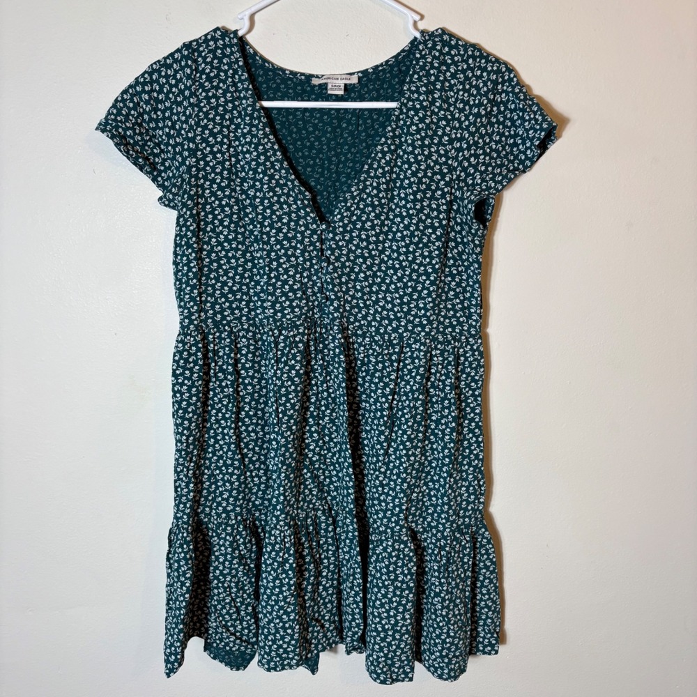 American Eagle Floral Babydoll Dress Green‎ Tiered Size Small